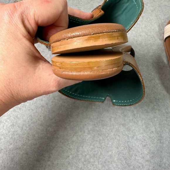 Roan Somerville Tan Leather Slide Sandals Womens 10 Flat Boho Teal Lining - Picture 6 of 12